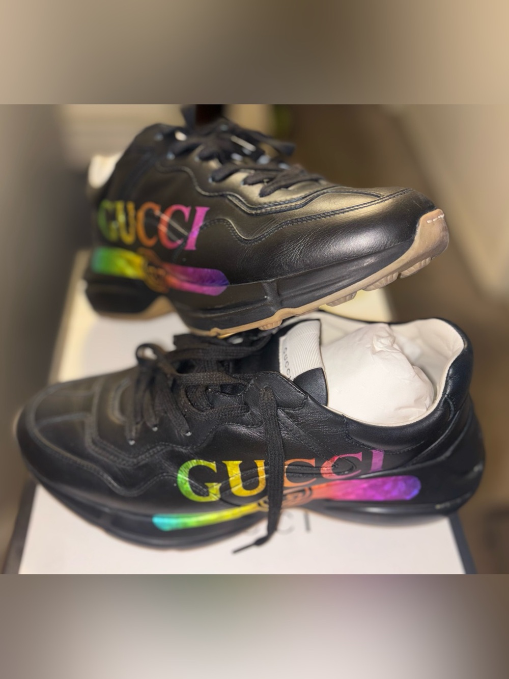 Gucci Black Leather Sneakers with Rainbow Logo Accents